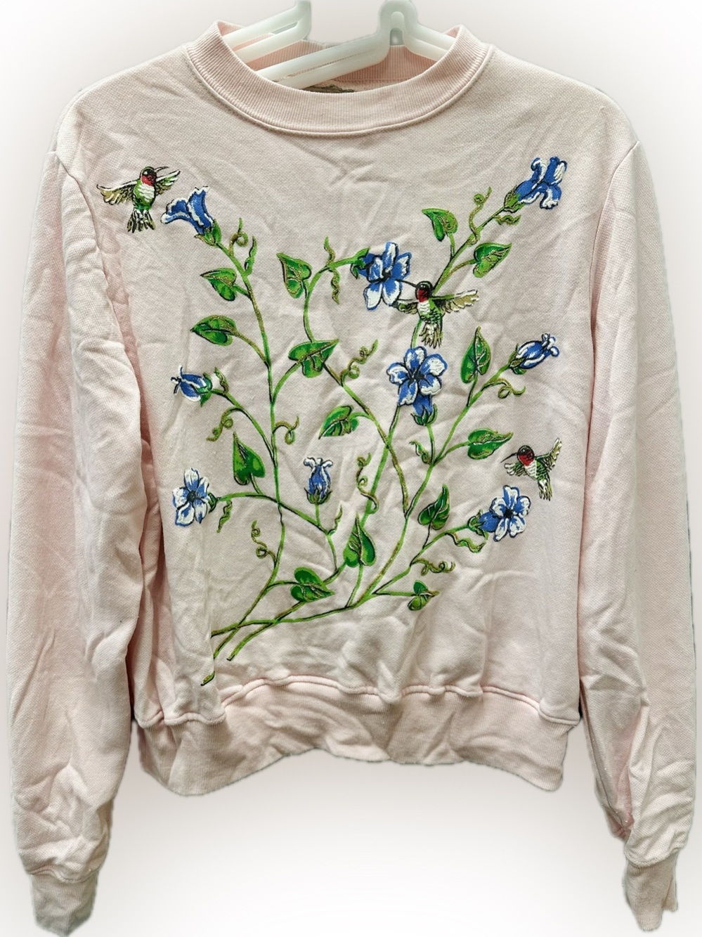 90s Pastel Pink Floral Sweatshirt with Hummingbirds - S/M